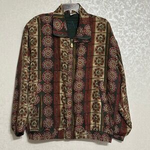 CoAco Vintage Medallion Print Bomber Jacket 100% Silk Geometric Boho Multi L